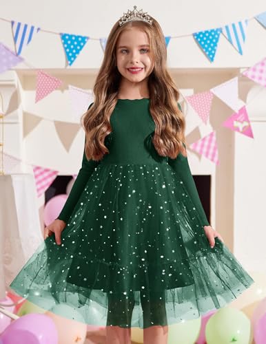 Arshiner Mädchen Kleider Tüll Glitzer Langarmkleid Kinder Faltenkragen A-Linie Partykleid Festliche Herbst Winter Freizeitkleid für Mädchen 5-6 Jahre Grün