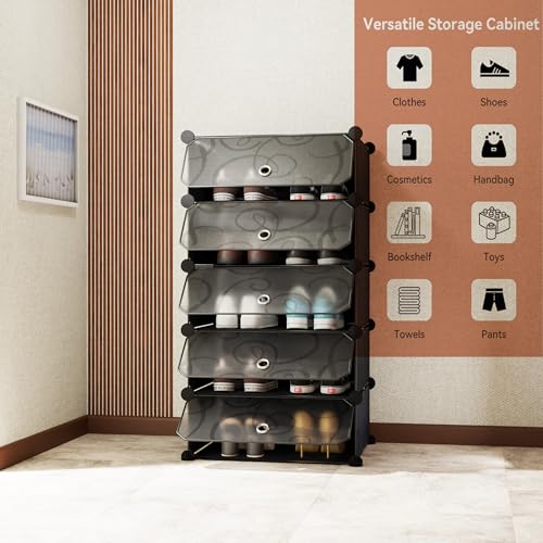 Image of AYSIS DIY Multi-Purpose Plastic Shoe Stand Rack Box Organizer with Door, Storage for Chappal, Slipper, Sandals, for Home & Entryway, Black, 5-Shelf-5-Door