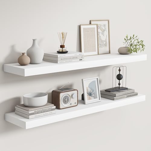 Fun Memories Rustic Real Wood Floating Shelves, 8 Inch Deep Floating Shelf Wall Mounted, 36" W x 8" D Wall Shelves Storage Shelves for Living Room, Bedroom, Bathroom, White Finish, Set of 2