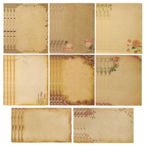 Image of Vintage Letter Writing Paper Sheets, 48 Pcs Floral Decorative Retro Stationery, 8 Designs, Antique Yellowish Craft Papers for Invitations, Scrapbooking, Handmade Notes, Journaling, 8.26x5.7in