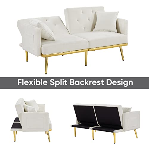 Antetek Convertible Futon Sofa Bed, 59-Inch Modern Velvet Sleeper Sofa Small Loveseat With Two Pillows, 3 Adjustable Positions And 6 Golden Metal Legs Furniture For Living Room And Bedroom, White #TOP6