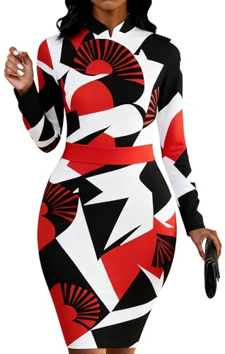Image of MsavigVice Bodycon Dress Women Mandarin Collar Long Sleeve Knee Length | Vibrant abstract prints with bold varied hues, soft stretch fabric contours curves for sleek versatile everyday styling