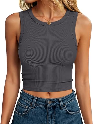 Image of ANRABESS Womens Crop Tank Tops High Neck Sleeveless Ribbed Knit Slim Fit Shirts 2026 Summer Casual Basic Workout Clothes