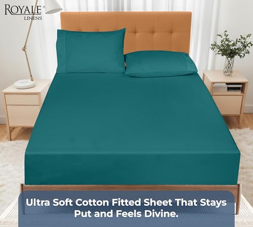 Image of Royale Linens 100% Organic Cotton Fitted Sheet - Percale Weave - Super Soft Deep Pocket Bottom Sheets - Elastic Sheet Twin Size - Twin Fitted Sheets Only - (39 inchx75 inch+15 inch, Teal)