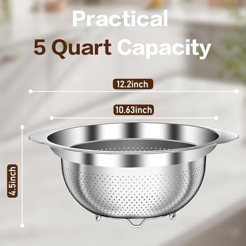 Image of Stainless Steel Colander for Kitchen, 5 Quarts Stainless Steel Strainer, Pasta Strainer for Spaghetti Fruits Vegetables Cooking Food, Large Capacity with Handle Kitchen Food Strainer Basket - 1 Pack