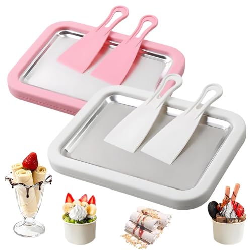 Rolled Ice Maker Cream Kit, Portable Instant Rolled Icecream Maker Machine Tray, DIY Freeze Dessert Board with 2 Scrapers, Stainless Steel Ice Cream Makers Tray for Fun Freezer Desserts(2pcs-A)