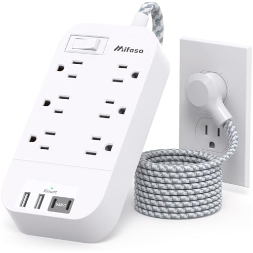 Image of Power Strip - 15 Feet Long Flat Plug Extension Cord, 6 Outlets, 3 USB Ports, Outlet Extender with Overload Protection, Wall Mounted, Power Station