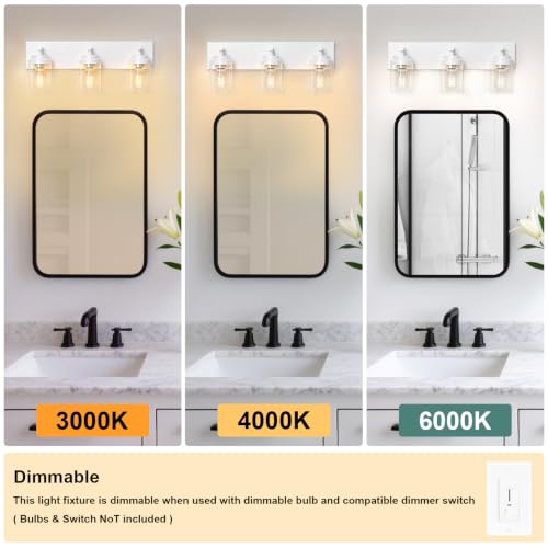 Image of IZORRO Bathroom Vanity Light Fixture, 3-Light 22 Inch White Bathroom Light Fixtures Over Mirror, with Clear Glass Shade, Modern Farmhouse Vanity Lights, Rustic Restroom Lighting Fixtures