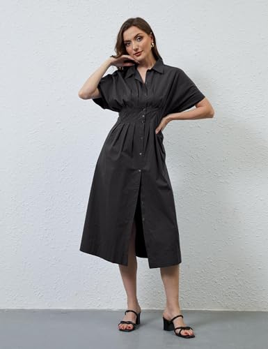 Image of MISSACTIVER Button Front Pleated Shirt Dress for Women Summer Striped Short Sleeve Lapel V Neck Corset Maxi Dress