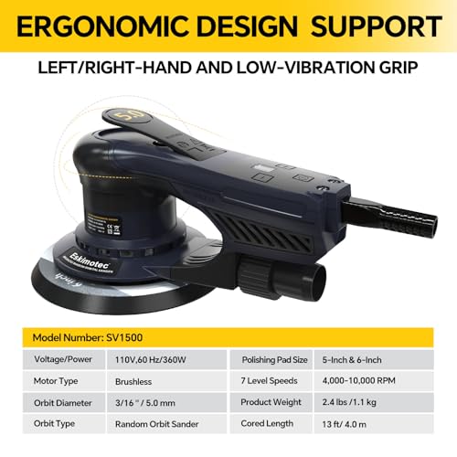 Eskimotec Electric 5mm Random Orbital Sander with 5 & 6-Inch Pads, 360W Brushless Orbital Sander, 10000 RPM Variable 7-Speed Palm Sander for Dustless Woodworking, Metalworking Finishing & Auto Body
