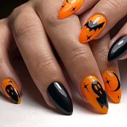 72Pcs Halloween Press On Nails,Long Ghost Bat Fake Nails Almond Press On Nails Full Cover False Nails With 3Pcs Nail Glue For Women Girls Diy Nail Art Salon Home #TOP2