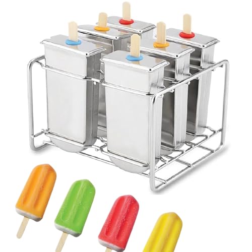 MOUMOUTEN Molde para helados, molde para polos de acero inoxidable con base de apoyo, 6 moldes de punta redonda reutilizables, con 50 palitos de helado, 20 bolsas de helado, 1 pincel