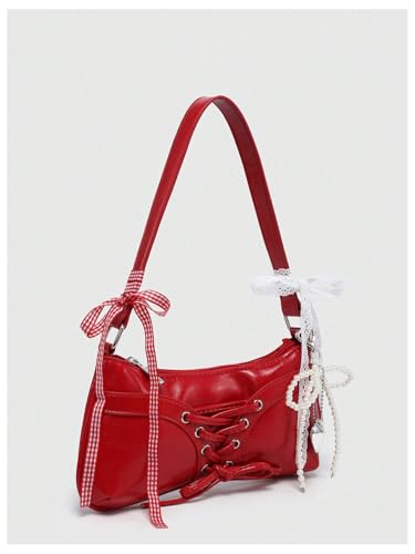 Image of Verdusa Women's Y2K Purse Coquette Bow Tie Vintage Shoulder Bags Lace PU Leather Kawaii Handbag