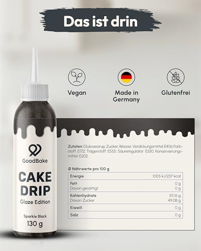 GoodBake Cake Drip Glaze 130g Schwarz | Kuchenglasur auf Glukosebasis | Vegan & Laktosefrei | Zuckerschrift für Kuchen, Kekse & Cup Cakes | Torten Deko