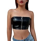 Women's Faux PVC Leather Camisole Zipper Front Sleeveless Micro Tube Crop Bustier Top Black