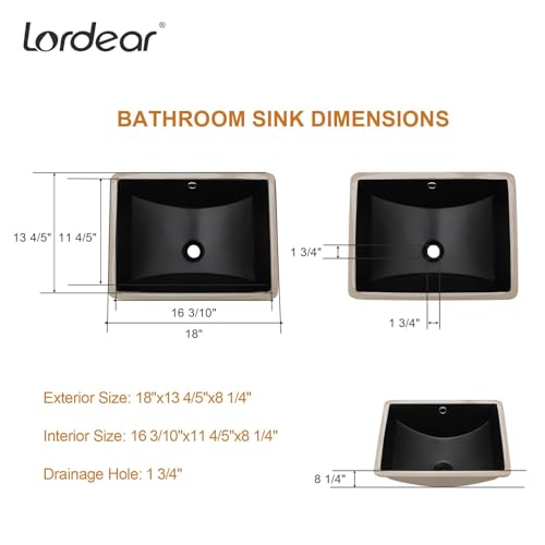 Lordear Undermount Bathroom Sink 18x14 Inch Black Rectangle Porcelain Ceramic Bathroom Sinks Deep Basin with Overflow Lavatory Vanity Sink Mounted Under