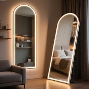 71″ x 26″ Arched Full Length Mirror with LED Lights, Floor Mirror with Stand, Wall Mirrors Full Length, Body Floor Mirrors, Wall Mounted for Bedroom, Dimmable, Tempered Glass