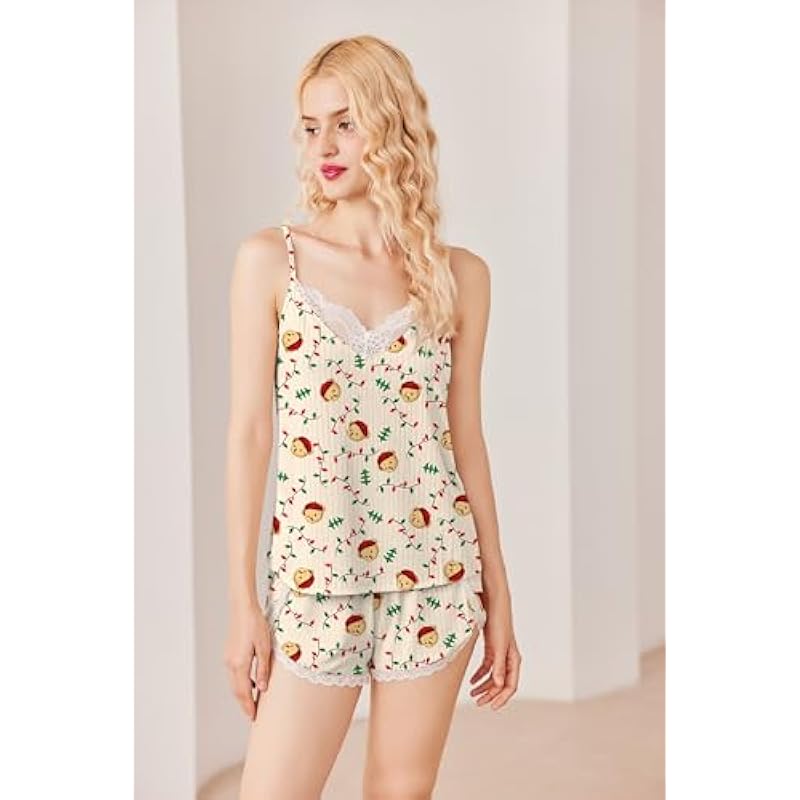 Ekouaer Womens Pajama Sets Soft Lingerie Sleepwear 2 Piece Cami Shorts Set V Neck Pj Lace Nightwear 상세이미지 2