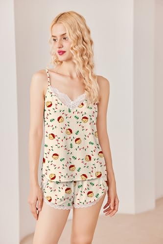 Image of Ekouaer Womens Pajama Sets Soft Lingerie Sleepwear 2 Piece Cami Shorts Set V Neck Pj Lace Nightwear