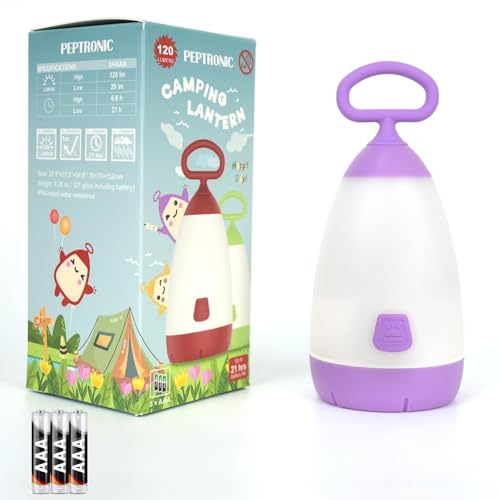 PEPTRONIC Kids Camping Lantern & Night Light Battery Powered (AAA Included), 360° Eye-Safe Light, IPX4 Waterproof with RGB Modes Portable for Outdoor, Emergency & Bedtime, Gift for Children (Purple)