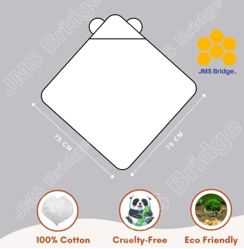 JMS Bridge Baby Hooded Towel. Bath Towel for Newborn with Hood, 100% White Cotton. Boy, Girl, Infant, Toddlers Bath Towel with Ears. Cuddles Blanket Wrap. Super Soft Zero Twist. Durable, absorbent.