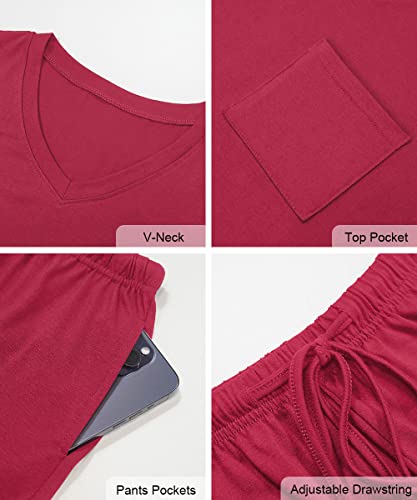 Image of RUBZOOF Women's Short Sleeve Pajama Sets with Pockets Casual V Neck 2 Piece Lounge Sets S-3XL