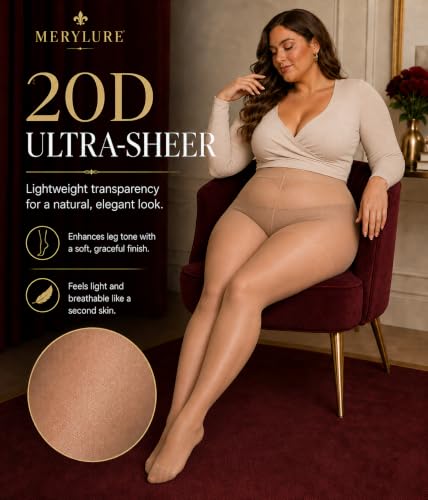 Image of MERYLURE Plus Size Sheer Tights for Women,20D Control Top Pantyhose Reinforced Toes High Waist Stockings 3 Pairs 1XL-6XL