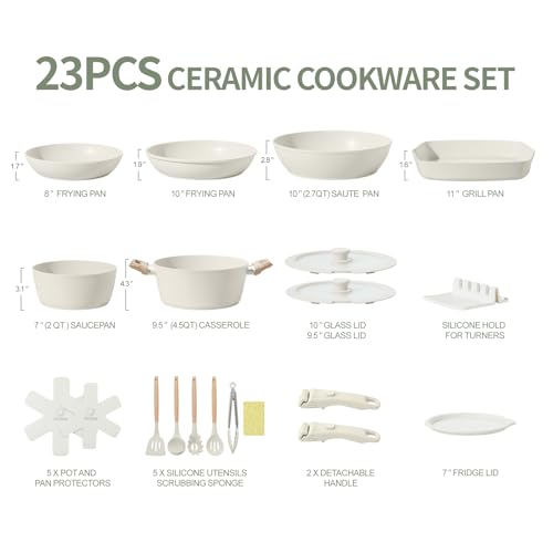 23pcs Ceramic Pots and Pans Set, Nonstick Detachable Handle Cookware, Induction Kitchen Cooking Set with Removable Handle,include Frying Pans & Saucepans Oven Safe, Induction, Stackable Set - Image 3
