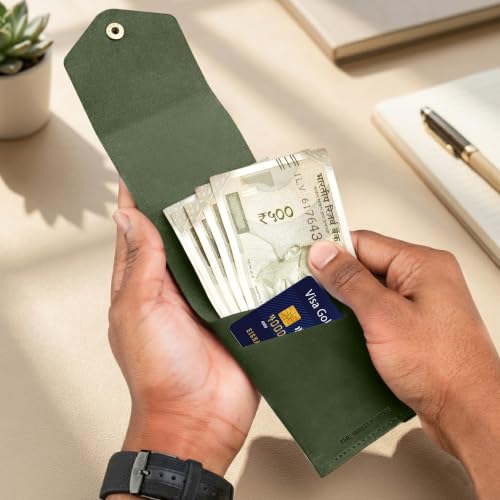 Image of The Wallet Store Flip 2.0 Genuine Leather Vertical Slim Wallet for Men | Pull-String Quick Card Access | Compact Front Cash Pocket & Button Lock | Minimalist Travel & Daily Carry Wallet (Dark Green)