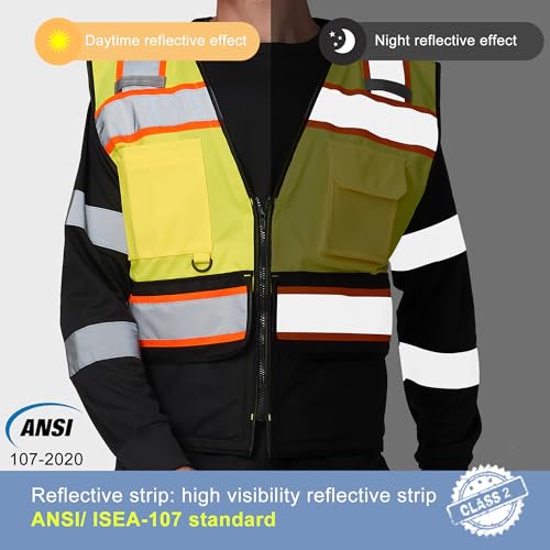 Image of A-SAFETY High Vis Reflective Safety Vest for Men Women Zipper Ipad Pockets Mesh Construction Apparel Neon Vest for Work