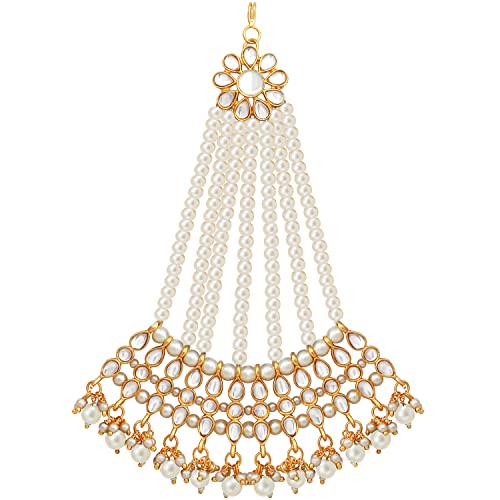 Image of Peora Gold-Plated & White Kundan Pearl Studded & Beaded Jhumar Passa Jewellery