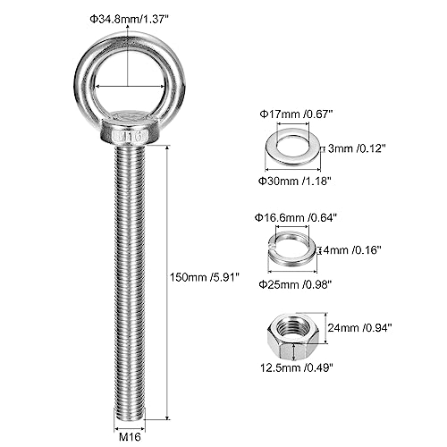 Image of uxcell Lifting Eye Bolt, 1 Set M16x150mm Eye Bolt with Nut Washer 304 Stainless Steel Shoulder Lifting Ring Eye Bolt for Hanging Item