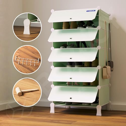 Image of BOXJOY 5 Shelf Plastic Shoe Rack with 5 Doors & 5 Hook Steel Holder (Green) | Shoes Stand Organiser with Feet, Metal Frame Door & Wooden Hammer for Home Storage to Cover Chappal Slipper Sandals