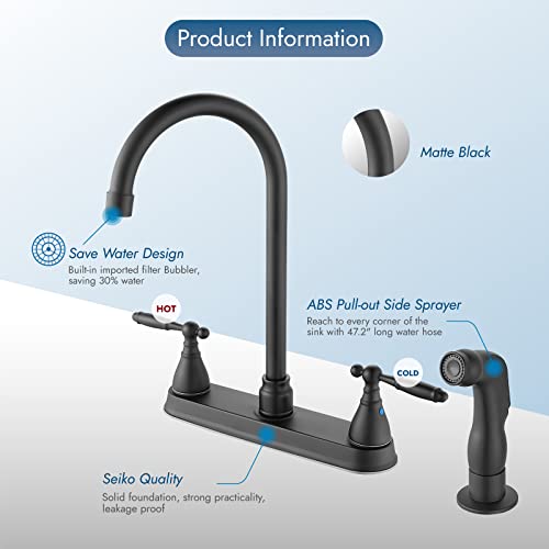 Cinwiny Kitchen Faucet With Pull Out Side Sprayer,8 Inch Centerset Kitchen Sink Faucet，Matte Black Stainless Steel 2 Handle High-Arc 360 Degree Swivel Kitchen Faucets With Supply Lines #TOP7
