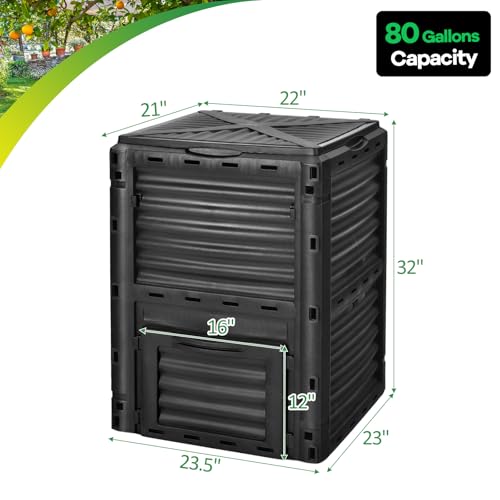 Goplus Compost Bin, 80 Gallon (300 L) Large Outdoor Composting Box w/Top Flip Latch-on Lid, Bottom Exit Door, BPA Free Material, Grass Food Trash Composter Barrel for Garden Yard (Black)