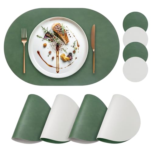 yuuzue Faux Leather Placemats Set of 4 with Matching Coasters, Heat Resistant PU Oval Placemats, Waterproof Wipeable Washable Place Mats, Non-Slip Table Placemats for Dining Table Kitchen Patio