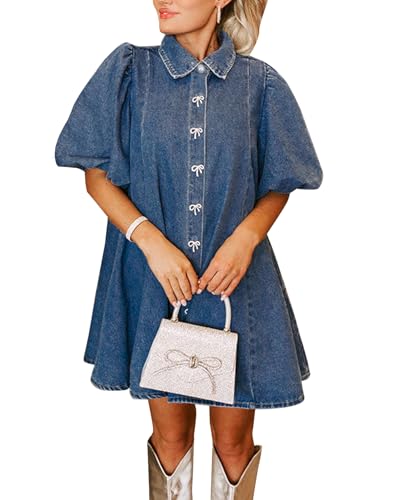 LifeShe Women Short Puff Sleeve Denim Dresses Babydoll Mini Dress Casual Flowy Swing Jean Dresses Deep Blue