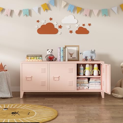 MIOCASA Metal Storage Cabinet,3 Door TV Stand, Metal TV Cabinet with Storage Locker,Low Corner Cabinet with Handles and Shelf for Home,Office（Pink） - Thumbnail 2