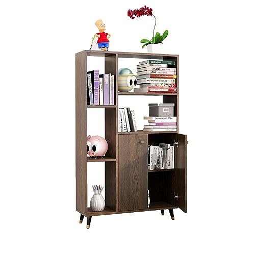 Image of Bniture Book Shelf Wooden for Home Book Rack Organizer Engineered Wood 2 Door & 5 Shelf Open Book Shelves Stand for Study Room Library Multipurpose Showcase Living Room Bedroom Office | Flower Wenge