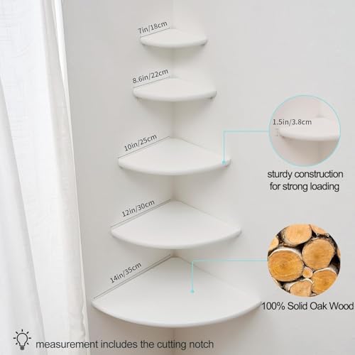 Image of Corner Shelf, Solid Oak Wood Floating Corner Shelf Wall Mount Round End Floating Speaker with Wire Hole for Small Plant Photo for Bedroom Kitchen, Living Room White
