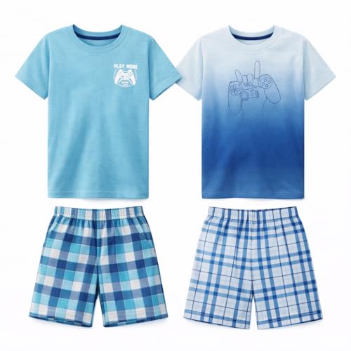Image of US Angels Pajamas Set for Boys, 4-Piece Set, Short Sleeve Shirt with Pajama Shorts