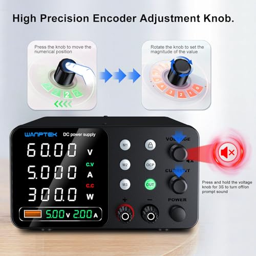 WANPTEK POWER Alimentation de Laboratoire 60V 5A avec 3 Mémoires et clé de Verrouillage, Alimentation Stabilisée Réglable avec Protection OCP/Sorties/Charge Rapide USB/Affichage LED à 4 Chiffres – vue 3