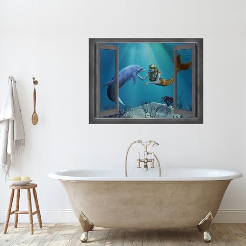 wall26 - Open Window Creative Wall Decor - Beautiful Drawing of a Mermaid and Dolphin Interaction - Wall Mural, Removable Sticker, Home Decor - 24x32 inches