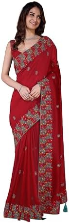 TRENDMALLS Women's Vichitra Silk Embroidery, Siroski Stone, Sequin Work Saree with Unstitch Blouse Piece