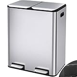 Arlopu 16Gal Dual Trash Can w/2 Built-in Box for Odor Control, Hands-Free Kitchen Garbage Bin, Recycle Waste Dustbin, Soft-Close Lid, 2 Buckets,Foot Pedal, Side Handle, Airtight,for Home (Silver)