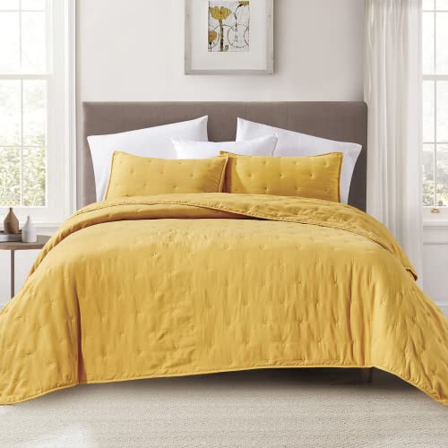 Bourina Reversible Bedspread Coverlet Set - Pre-Washed Microfiber Ultra Soft Lightweight Star Quilted 3-Piece Quilt Set King, Mustard #TOP3