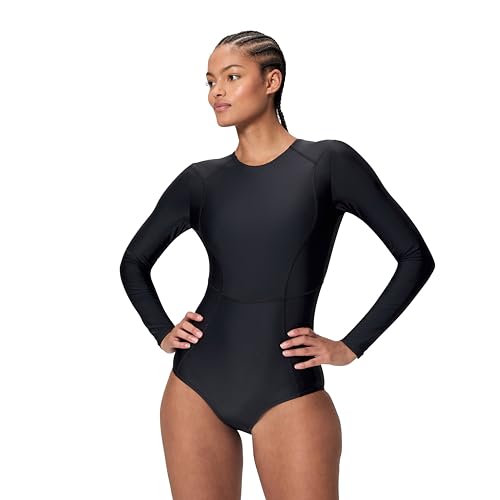 Speedo Women's Ocean Flex Long Sleeve Zipped One Piece Swimsuit, Black, S