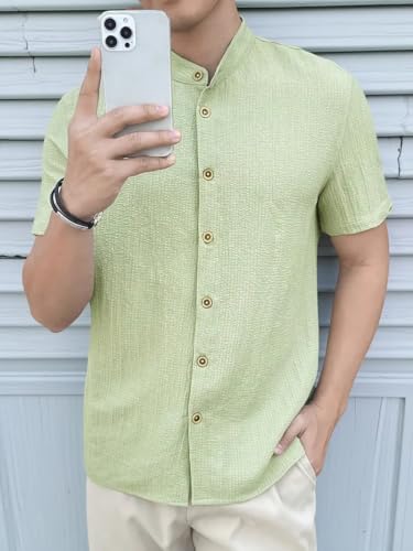 Image of Men's Solid Textured Half Sleeve Shirt with Stylish Buttons | Band Collar Casual Shirt for Summer Wear