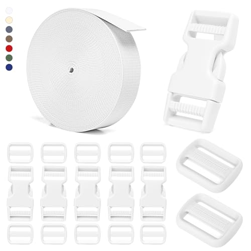 BEYOURD Buckle and Strap Set, 10 Yards Polyester Webbing Strap with 6 Dual Adjustable Side Release Plastic Buckles, 12 Pieces Tri-Glide Slider Clips for Custom Projects (Everyday Series 1 Inch, White) by BEYOURD - Used condition - US$14.17