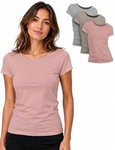 Basic Treasure 3er Pack T Shirt Damen, Kurzarm, Rosa/Beige/Grau meliert, M